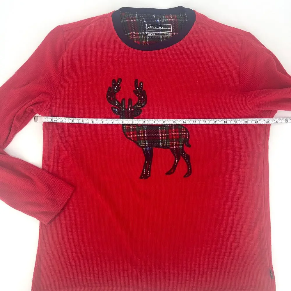 Eddie Bauer Mens Thermal Knit Red Sleep Shirt Reindeer Applique Size L